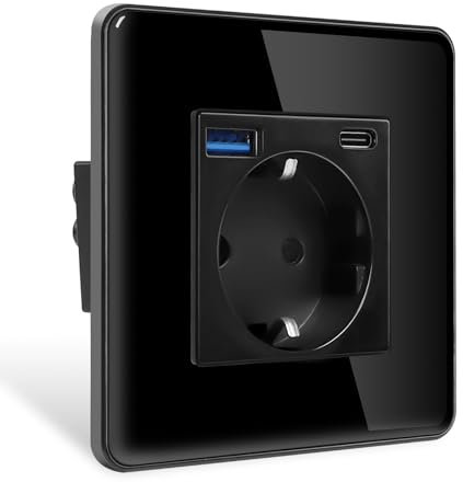 CNBINGO Schuko Steckdose mit USB Anschluss Type C und USB A 1 Fach Glas Steckdose Unterputz Schwarz Wandsteckdose mit Glasrahmen