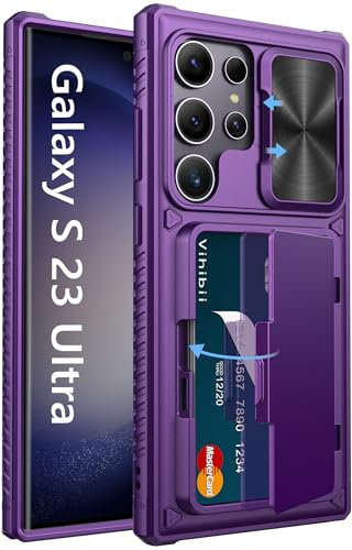Vihibii for Samsung Galaxy S23 Ultra Case with Card Holder (4 Cards) & Sliding Camera Cover & Kickstand, Shockproof Rugged Hard Back & TPU Edge Wallet Case for Galaxy S23 Ultra 6.8 2023 Dark Purple