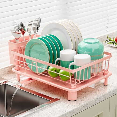 BULIJUJU Small Dish Drying Rack, Space Saving Dish Racks for Kitchen Counter, Kitchen Organizer Dish Drainer with Cutlery Holder for Spoons and Forks, 11''W x 15''L, Pink