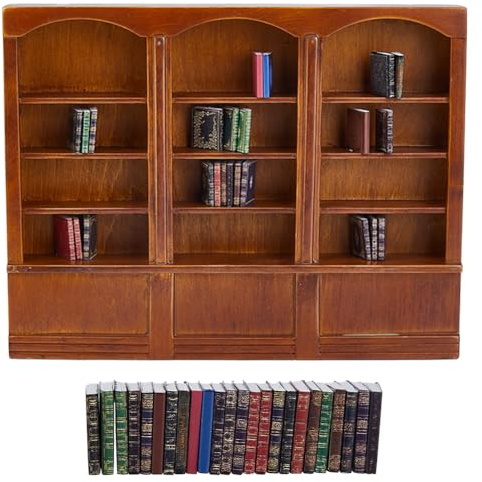DICOSMETIC Holz Puppenhaus Bücherregal 1:12 Miniatur Puppenhaus Zubehör Miniatur Bücherregal Mit 24 Stück Mini Bücher Für Zuhause Zimmer Büro Dekor