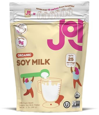 JOI Organic Soy Milk, Plant-Based Milk Powder, Non-Dairy Milk Substitute, No Preservatives, No Gums, No Added Sugar, Vegan, Non-GMO, USDA Certified, USA Based Soy Beans, Kosher, 9g Protein per Serving, Up to 25 Servings, 1 lb (453 g)