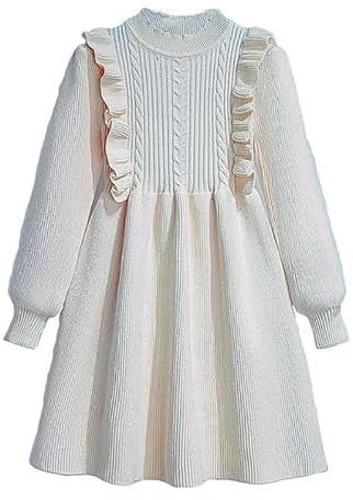OrJana Vestito in Maglia per Bambina, Lavorato a Coste con Volant, Manica Lunga, Stile Principessa, Taglia 2-8 Anni
