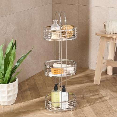 OHS 3 Tier Shower Caddy Free Standing, Stainless Steel Tall Floor Bathroom Caddy Corner Shower Shelves Storage Organiser Rustproof Bathroom Accessories Display Shelves, Silver