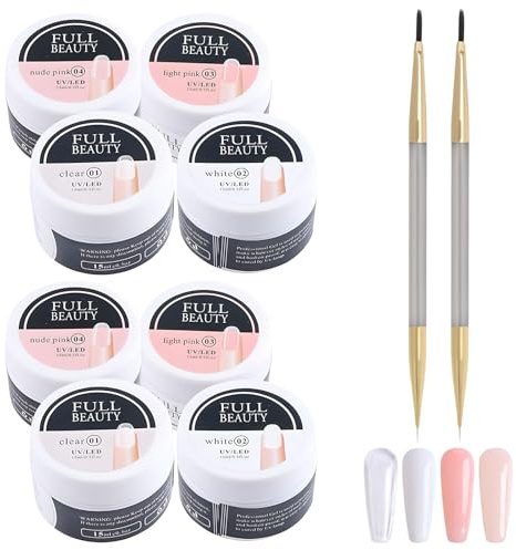 8 Stück Aufbaugel für Gelnägel, Gel Nnägel 4 Farben mit Nagel Pinsel, Acrylgel für Nägel, Farbgel Builder Gel zur Nagelverlängerung, Modellage und Nagelstudio 15ml