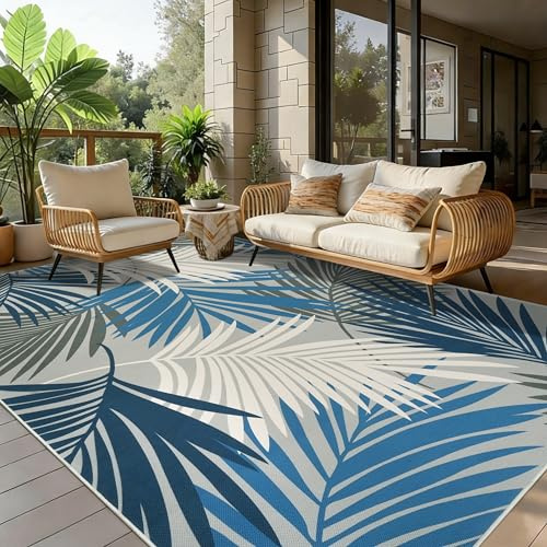 Cekene Indoor Outdoor Rug 160x230cm Blue Washable Area Rugs for Living Room Tropics Palm Leaves Flat Woven Carpet for Garden Patio Backyard Deck Bedroom Dining Room