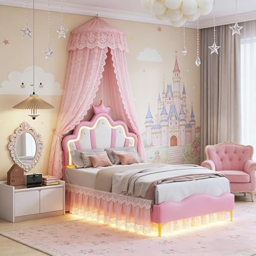 BIYFSDS Kinderbett 90 x 200 cm, gepolstertes Bett 90 x 200 cm mit LED, Prinzessinnenbetten für Mädchen in Kronenform mit Lattenrost und verstellbarem Kopfteil, gepolsterter Bettrahmen (Rosa-2, 90 x