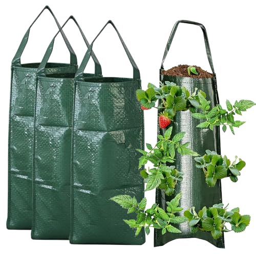 KUWUNG Hanging Grow Bags, 4 Pack with 8 Holes, Breathable Planter for Flowers, Vegetables, Strawberries, Herbs, Vertical Gardening