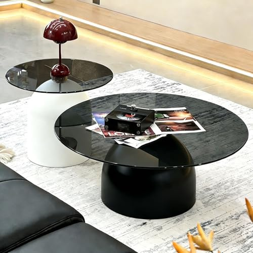 NEHCFO Tables Gigognes Rondes Lot de 2, Table Basse Ronde en Verre Trempé Fumé Noir, Moderne Design pour Salon, Table d’Appoint avec Base Métal(White+Black)