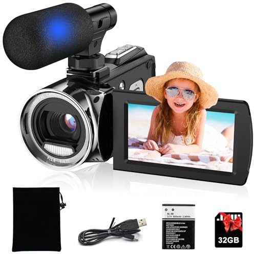 Video Camera 4K 48MP Digital Camcorder, YouTube Vlogging Camera Recorder with Wired Microphone, 270° Flip Screen& 32G SD Card, Kids Video Camera, Easy to Use for Beginners, Students, Travel & Family