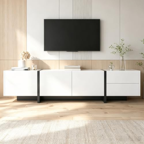 Calivra Meuble TV de 190 cm avec 3 portes et 2 tiroirs – Meuble bas moderne en blanc brillant avec pieds noirs – Support TV pour jusqu'à 75 pouces, buffet pour salon, blanc et noir