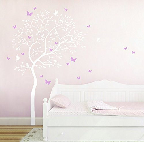 ilka parey wandtattoo-welt Wandtattoo Wandaufkleber Baum mit Kolibris und Schmetterlinge M1535 zweifarbig - ausgewählte Farbe: *Weiß/Flieder* - ausgewählte Größe: L 100cm breit x 141cm hoch