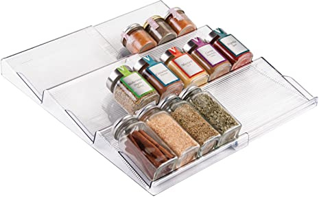 mDesign Spice Drawer - Pull Out Spice Organiser for a Tidy Kitchen - 3 Tier Spice Storage for Jars and Packets - Avoid Clutter in Your Kitchen & Enjoy Stress Free Cooking - Transparent