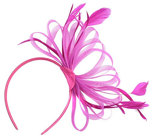 Caprilite Fascinator für Damen, groß, für Hochzeit, Rennen, Party, Netzhut mit Zapfen und Federn (Hoop-Haarband, Hut, Einheitsgröße, alle Jahreszeiten), fuchsia, 1 count (Pack of 1)
