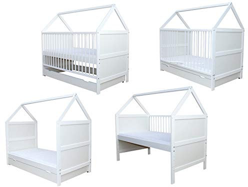 Micoland Babybett Kinderbett Juniorbett Haus 140x70cm mit Matratze und Schublade Weiss