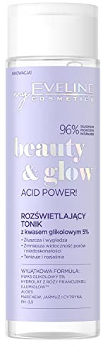 Eveline Cosmetics Beauty&Glow Glycolsäure-Toner mit ILLUMIGLOW, Rosenhydrolat & Aloe Vera - Veganer Peeling-Gesichtstoner für alle Hauttypen, 5% AHA-Formel