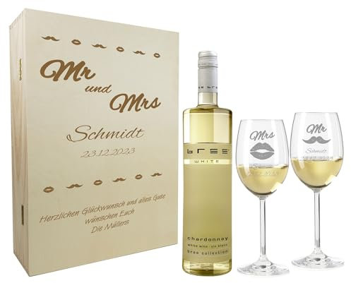 laser-diele Geschenk zur Hochzeit – Wein Geschenksets – Weinglas mit Gravur – Geschenke für Paare – Weißwein – Mr & Mrs