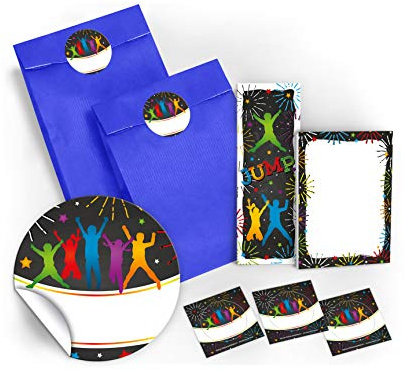 JuNa-Experten 10 Lesezeichen + 10 Mini-Notizblöcke + 10 Geschenktüten/dunkelblau + 10 Aufkleber Jump Party Trampolin Mitgebsel Gastgeschenk beim Kindergeburtstag Jungen Mädchen