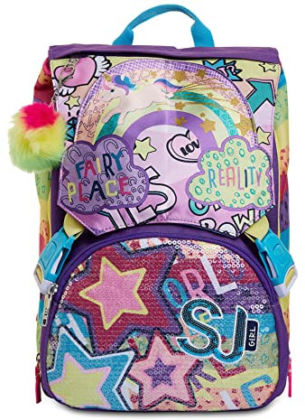 SJ Gang Zaino Scuola Estensibile, Multicolore, Multicolor Girl, Zaino Doppio Scomparto Con Pattine Sfogliabili e Paillettes Reversibili, Scuola Elementare e Tempo libero, Bambina