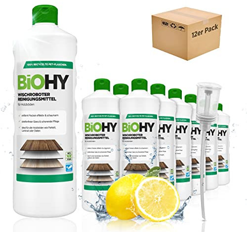 BiOHY Wischroboter Reinigungsmittel (12 x 1 Liter) + Dosierer | Bodenreiniger Mittel für Holzböden | Laminat & Parkettpflege | streifenfreier Glanz auf wasserfestem Holz | schaumarmes Konzentrat