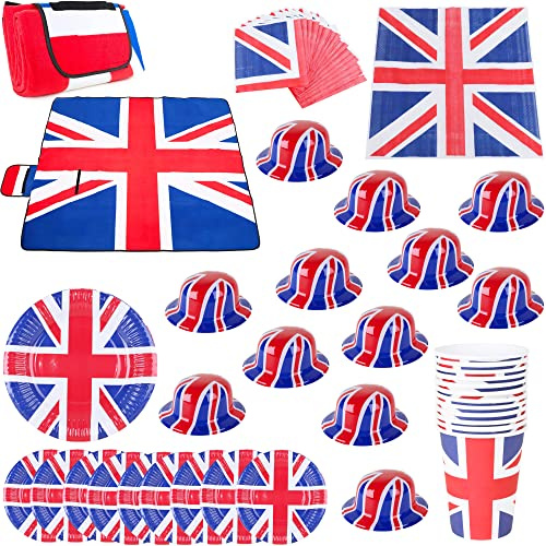 Toyland® Union Jack 55 Piece Picnic Bundle Set Including Waterproof Blanket , Bowler Hats & Tableware - British Party Supplies