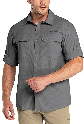 Outdoor Ventures Herren Langarm Hemd Outdoor Funktionshemd Schnelltrocknende Shirts Casual Freizeithemd Atmungsaktive Sportshemd Frühling Sommer Herbst mit Taschen für Wandern Camping Grau XL