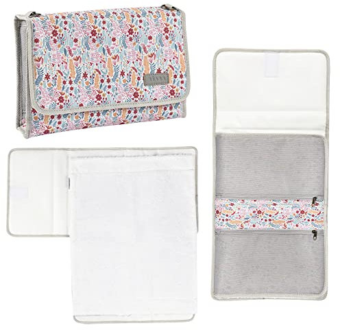 BÉABA, Baby Wickeltasche, Wickelunterlage aus 100% Baumwolle, für unterwegs, mit Fächern für Windeln & Feuchttücher Genève, Grau/Blumig