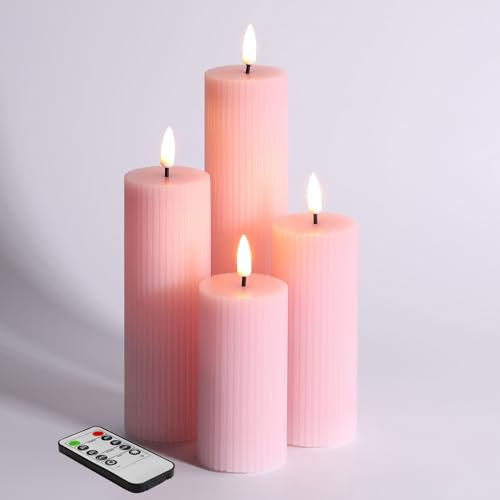 Eywamage Blush Pink Ribbed Pillar LED Wax Candles Set of 4, Slim Tall Flameless Candles with Remote