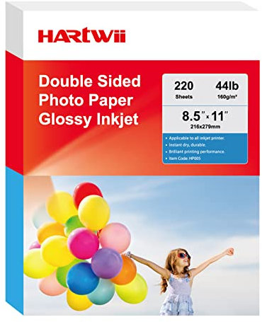 HARTWII Doppelseitiges Fotopapier, glänzend, Broschüren, Flyerpapier, Tintenstrahldrucker, 8,5 x 11, 20 kg, 160 g/m², Briefgröße, für alle Farbstofftintendrucker, 220 Blatt