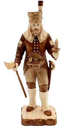 Dekohelden24 Handgeschnitzter Annaberger Obersteiger mit Werkzeug, gebeizt, Höhe mit Sockel ca. 10 cm