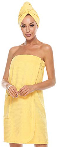 vislivin Bademantel Damen Saunakilt & Haartuch Sauna Kilt Frauen Saunakilt mit Klettverschluss und Gummizug Gelb S/M