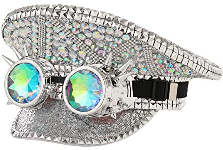 BPURB Steampunk Stil Damen Strass Zylinder mit Brille Festival Karneval Militär Kapitän Hut Cosplay Party Halloween Kostüm (Style-D)