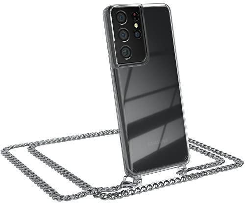 EAZY CASE Handykette kompatibel mit Samsung Galaxy S21 Ultra 5G Handyhülle mit Metal Umhängeband und Ersatz Kordel schwarz, Handykordel mit Schutzhülle, Stylische Kette, Metal - Silber