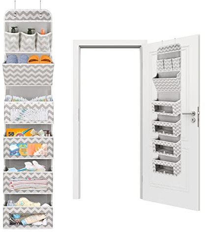 Hossejoy Hängeorganizer Bad Tür Organizer Hängend, Weißes Streifenmuster Hängeaufbewahrung mit 8 Große Taschen & Fenster und 2 Metallhaken, Hängeregal für Schlafzimmer Wohnzimmer