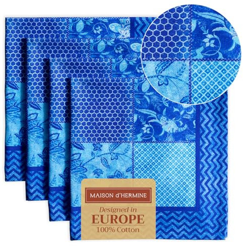 Maison d' Hermine Serviette 100% Baumwolle Stoffserviette Dekorative waschbare Osterservietten Set mit 4 Stück für Zuhause, Küche, Cocktailpartys, Indigo Love – Frühling/Sommer (45cm x 45cm)