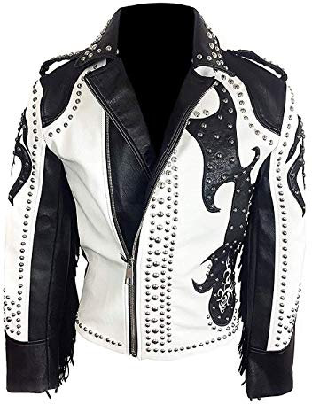 Suiting Style Herren Vintage Schwarz und Weiß Spike Nieten Punk Biker Motorrad Fransen Echtleder Jacke, schwarz / weiß, XXXL