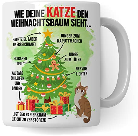 Katzen Tasse Weihnachten Kaffeetasse lustig Weihnachtsbaum Kaffee-Becher Katzenliebhaber Geschenkidee Vierbeiner Katzenhalter Geschenk Tasse mit Spruch Humor Sarkasmus Glühweintasse (Weiß/Weiß)