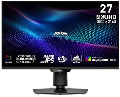 MSI MAG 274UPDFDE E16M 27 4K UHD Gaming Monitor, 3840 x 2160 Rapid IPS, 0,5 ms, DisplayHDR 1000, Mini-LED, Dual-Mode, G-SYNC-kompatibel, AMD FreeSync Premium, HDMI 2.1, DP 1.4a, 15 WPD USB-C, Schwarz