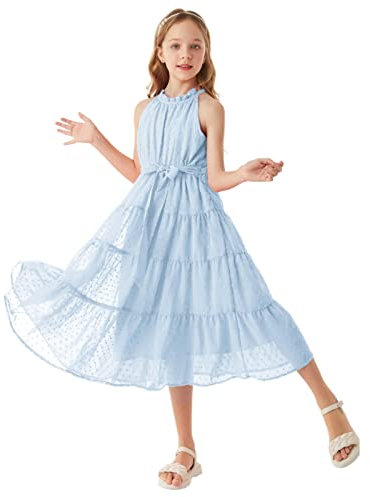 GRACE KARIN Ragazze Festa Vestito di Cocktail Tulle Vestito Chiffon Abito da Principessa delle Ragazze in Senza Manica A-Line Abito da Cocktail 12 Anni Azzurro