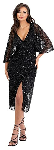 Maya Deluxe Womens Midi Ladies Sequin Embellished Cape Sleeve Wrap for Wedding Guest Bridesmaid Cocktail Prom Evening Dress, Black, 20 UK