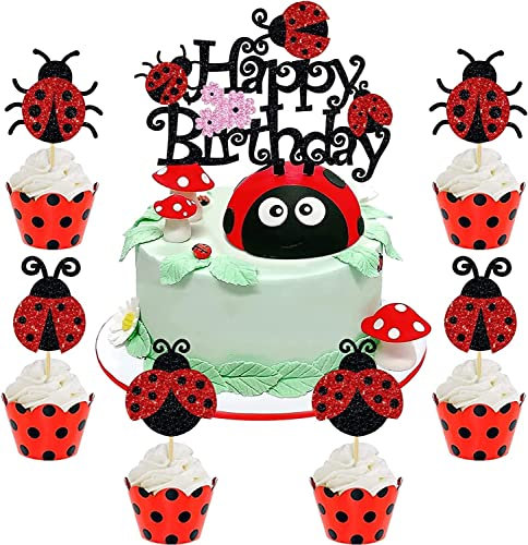 25 Stück Marienkäfer Happy Birthday Kuchendekorationen Marienkäfer Kuchendekoration Schwarz Rot Glitzer Lady Cupcake Topper für Marienkäfer Garten Mottoparty Babyparty Zubehör Geburtstagsdekorationen