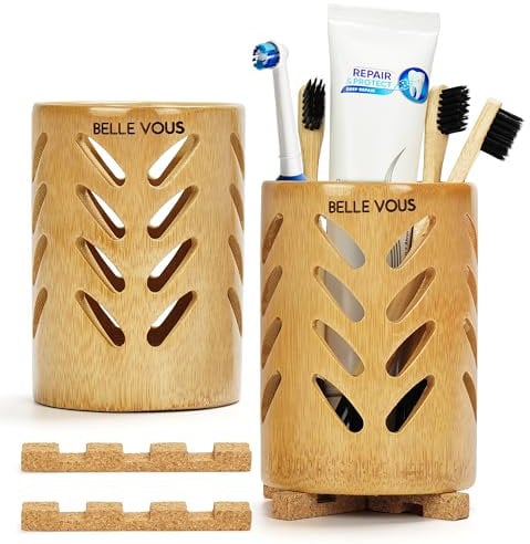 Belle Vous 2 Pezzi Porta Spazzolini in Bambù con Scolo - Bicchiere Spazzolino Ecologico con Base in Sughero - Portaoggetti Bagno Formato Viaggio - Porta Dentifricio, Spazzolino e Rasoi