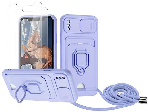 Zallagre Handykette Hülle kompatibel mit iPhone XS Max.[2 Stück] Schutzfolie Glas,Kameraschutz,360 Grad Ringhalter Stand,Kartenfach,Silikon hülle-Lila