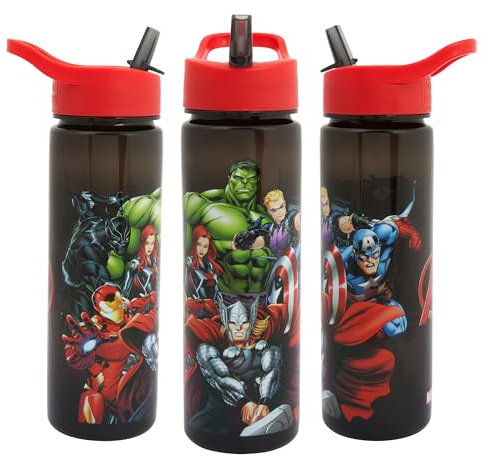 Marvel Bouteille d'eau Avengers avec paille rabattable 600 ml – Produit officiel Disney par Polar Gear réutilisable, sans BPA, plastique recyclable, idéale pour l'école, la crèche, le sport, le