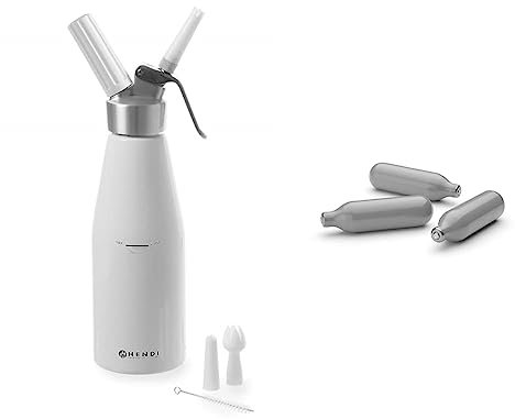 HENDI Sahnespender, Inklusive Set aus 3 Polypropylen Spritztüllen und Reinigungsbürste, Sahne-Mousses-Desserts-kalten Schäumen, 0,95L, ø95x(H) 320mm, Aluminium, Weiß & Sahnekapseln, Stückzahl: 50