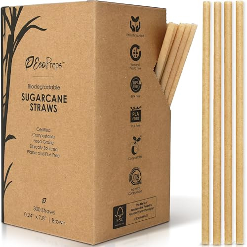 EcoPreps Biodegradable Sugarcane Straws | 300 Count, 100% Compostable, Plastic-Free, & Eco-Friendly Drinking Straw | 7.8'' Sugar Fiber Disposable Straws, Smoothie Straw for Home, Restaurant, Parties