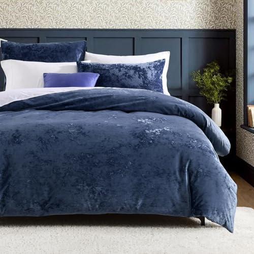 HORIMOTE HOME Luxury Crushed Velvet Duvet Cover Set 3 Piece Double Size Navy Blue Quilt Covers Bedding Set Button Closure with 2 Pillowcases