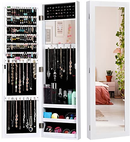 GOPLUS Schmuckschrank hängend, Spiegelschrank mit Spiegel, 3 Ablagen, Wandschrank für Schlafzimmer & Garderobe, Weiß