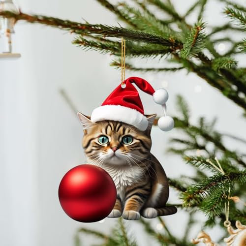 Weihnachtsbaum Katzen Anhänger 2D Acryl Weihnachtskatze Hängende Deko Lustiger Weihnachten Katzen Ornament Spaß Weihnachtsanhänger Deko Christbaumschmuck Weihnachtsschmuck Geschenk (E, OneSize)