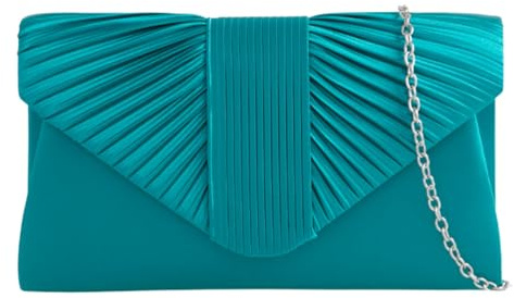 LeahWard Women's Satin Fabric Flap Clutch Bag Prom Wedding Party Evening Shoulder Handbag (Teal)