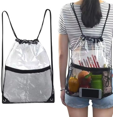 Comioke Transparenter Turnbeutel, Stilvoll Sportrucksack Mit Kordelzug Wasserfester Gymsack Für Jungen, Mädchen, Damen, Fitness, Schwimmen,Festival,Schule, Outdoor, Reisen Schulrucksack, Transparent
